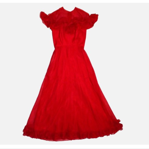 Vintage Red Maxi Dress Southern Bell Sheer Illusion Swiss Sheer Ruffles Size 8 - Picture 3 of 15